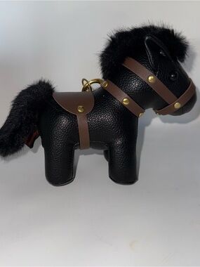 Black Leather Pony Bag or Key Charm with Brown Harness and Faux Fur